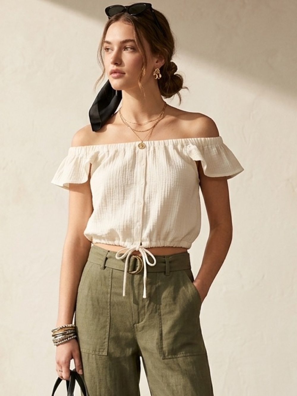 Madewell Cream Off-the-Shoulder Drawstring Crop Top